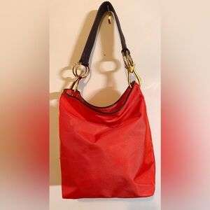 JPK Paris 75 🍅 Red bucket/hobo bag, brwn leather strap, chunky goldtone hardware